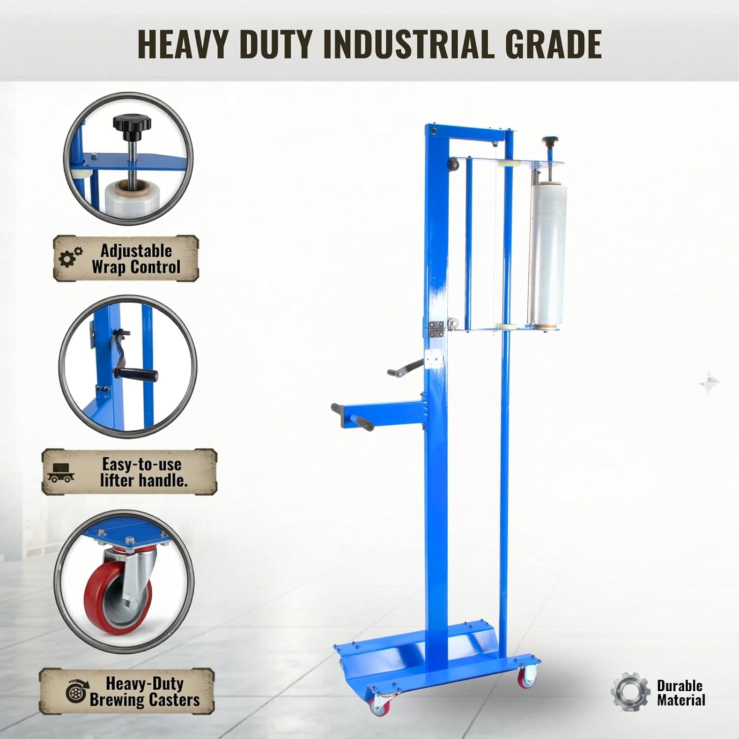 Mobile Pallet Stretch Wrap Machine - Manual Pallet Wrapper with Adjustable Height (Up to 80") - Ergonomic Hand Stretch Film Dispenser for Warehouse, Factory, and Logistics