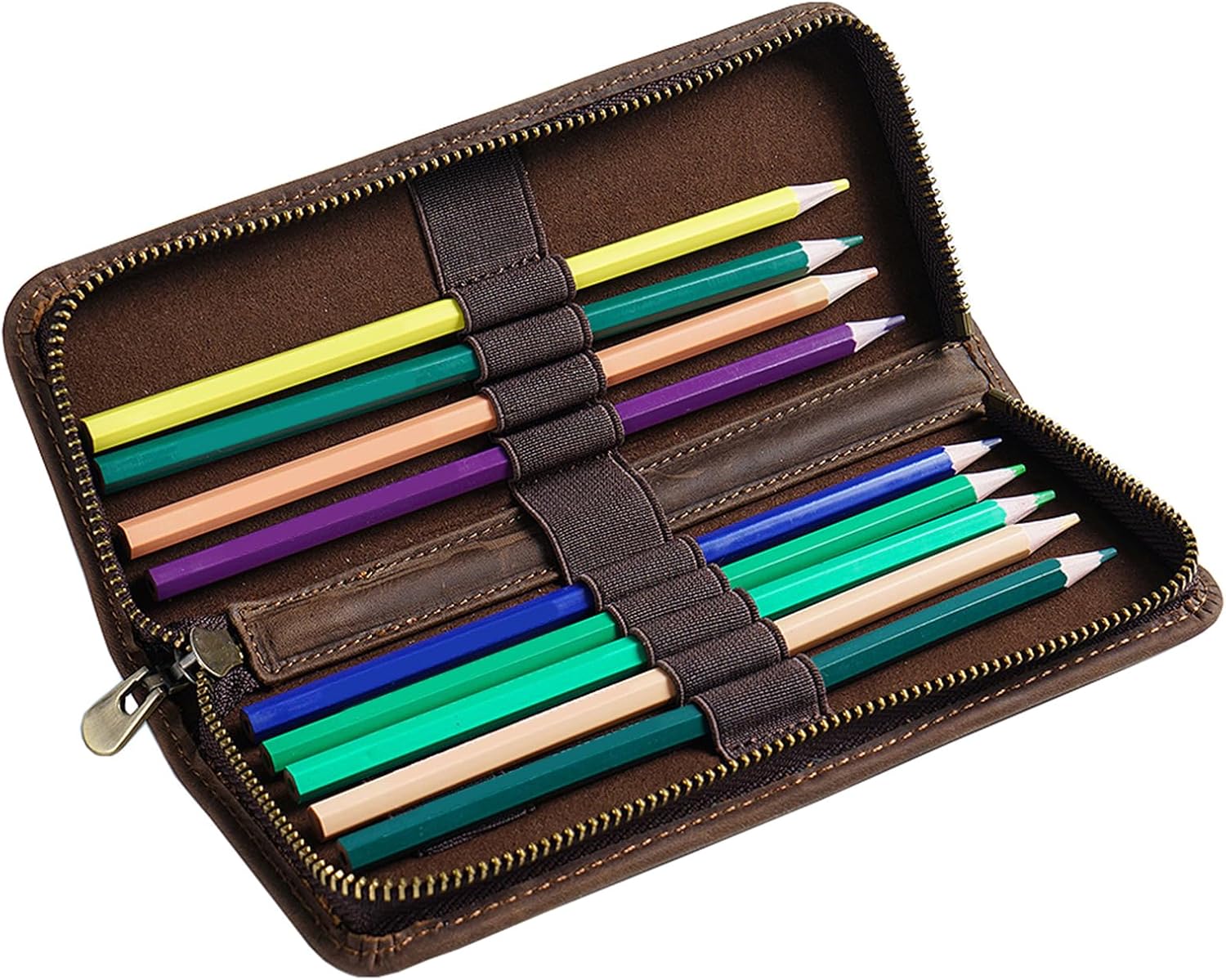 Leather Pen Case Fountain Holder Zippered Pouches Elastic Slots Hold 5-11 Pencil for Women Men Vintage Pen Pouches, Dark Green