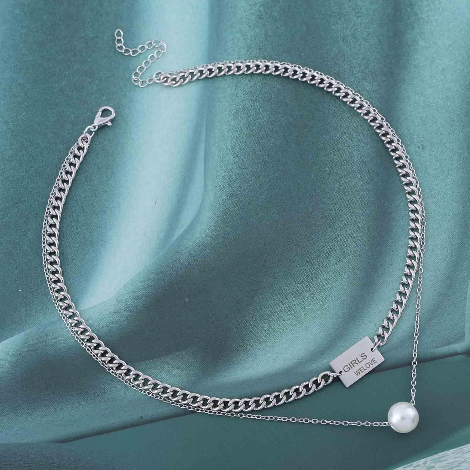 Boho Layered Square Choker Necklace Vintage Square Chunky Chain Necklace Silver Pearl Pendant Necklace Geometric Square Chain Necklace Jewelry for Women - Image 3