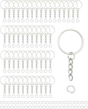 50Sets 1 inch Keychain Rings Silver Split Round Key Ring with Chain and Open Jump Rings for DIY Keychain Making Crafts