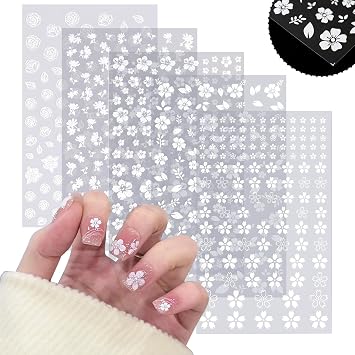 5 Sheets Nail Art Stickers 3D Embossed Flower Nail Decals Self-Adhesive Spring Floral Daisy Nail Supplies White Flowers Nail Stickers for Women Girls Decoration
