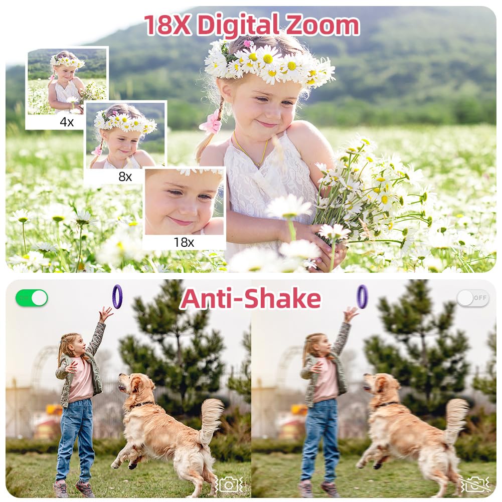 Ainiv Macchina Fotografica, 4K Fotocamera Digitale, 48MP Ricaricabile Macchina Fotografica Compatta con 32G TF Card, 18X Zoom, 2.4" + 1.3" Doppio Schermo per Bambini, Adolescenti e Principianti Rosa