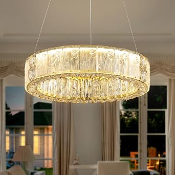 20" Gold Crystal Chandelier,Dimmable LED Ring Light for Dining Room, Bedroom, Kitchen Island Adjustable 3000K-6000K, Remote Control, Gold Finish