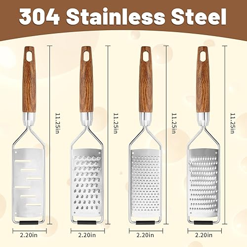 Miniatura 2 de SHIKORI Rallador de queso de acero inoxidable con mango de madera natural para queso parmesano, limón, jengibre, queso, nuez moscada, papa,