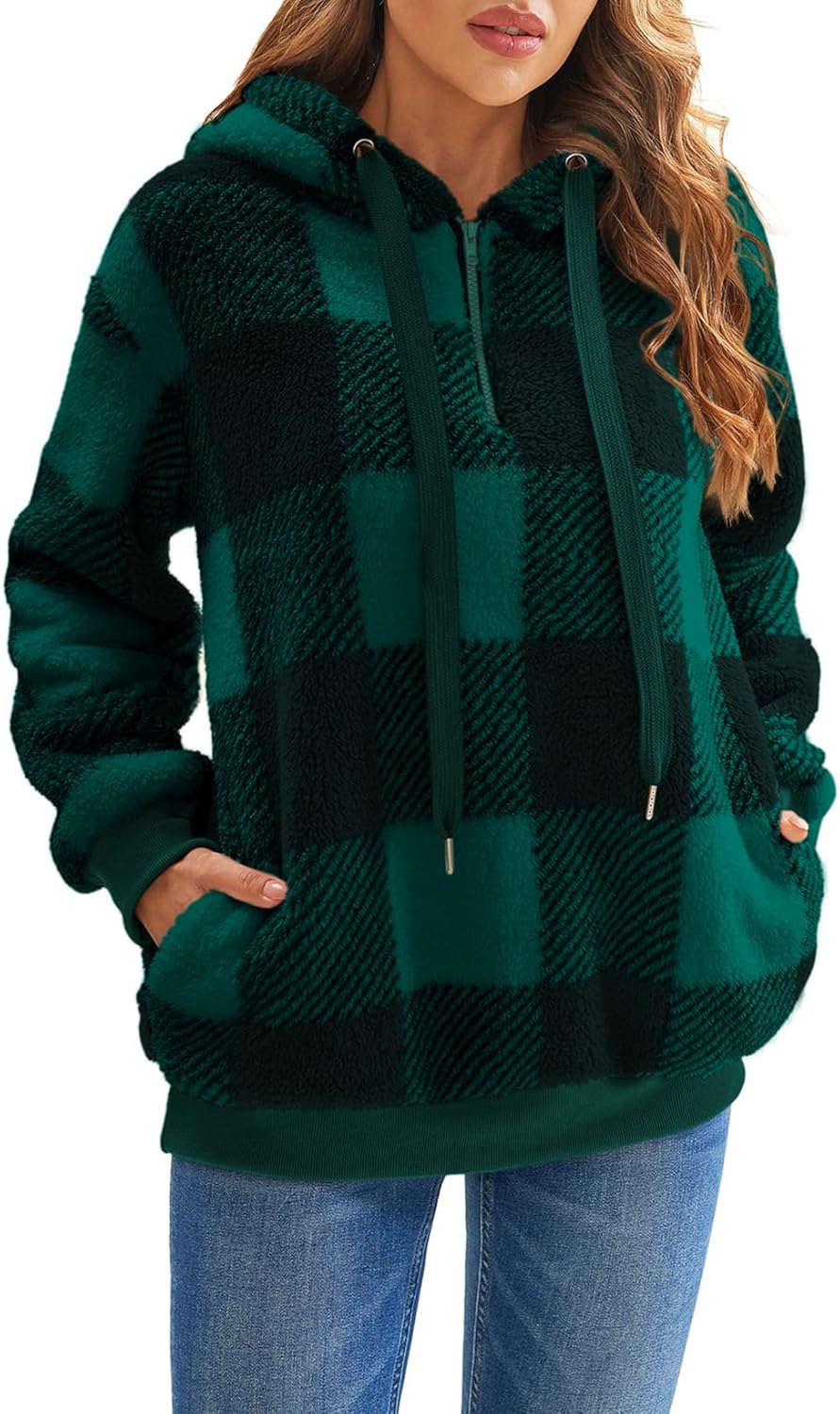 Nirovien Womens Sherpa Pullover Oversized Fuzzy Hoodie Double Fleece Sweatshirts Fluffy Plaid Outerwear Warm Coats - Image 3
