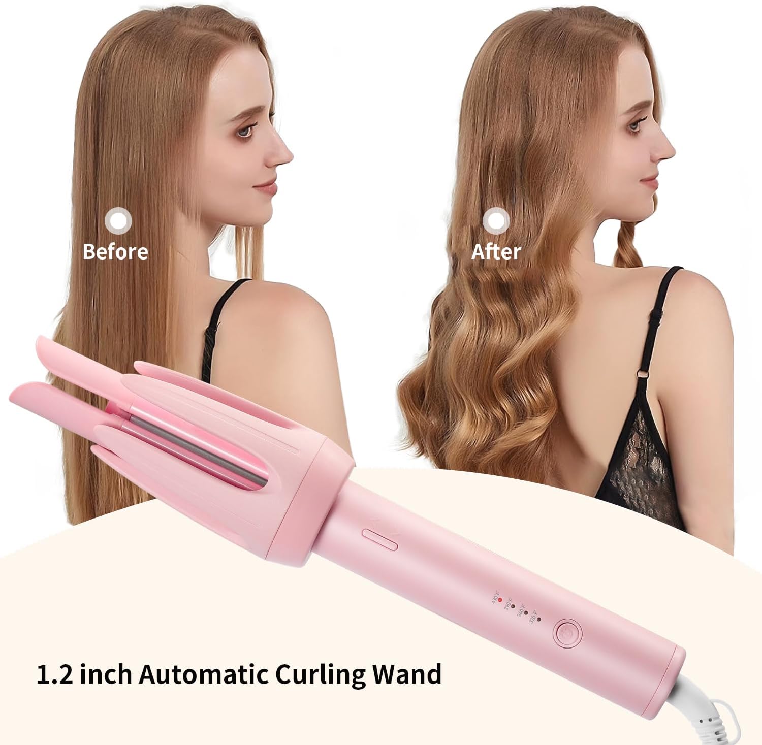Automatic Curling Iron, Curloni 1.2 Inch Rotating Hair Curler for Long Hair, Pink Ceramic Wand Curling Iron with 4 Temps & Anti-Scald Design, Dual Voltage Automatic Hair Curler for Beginners