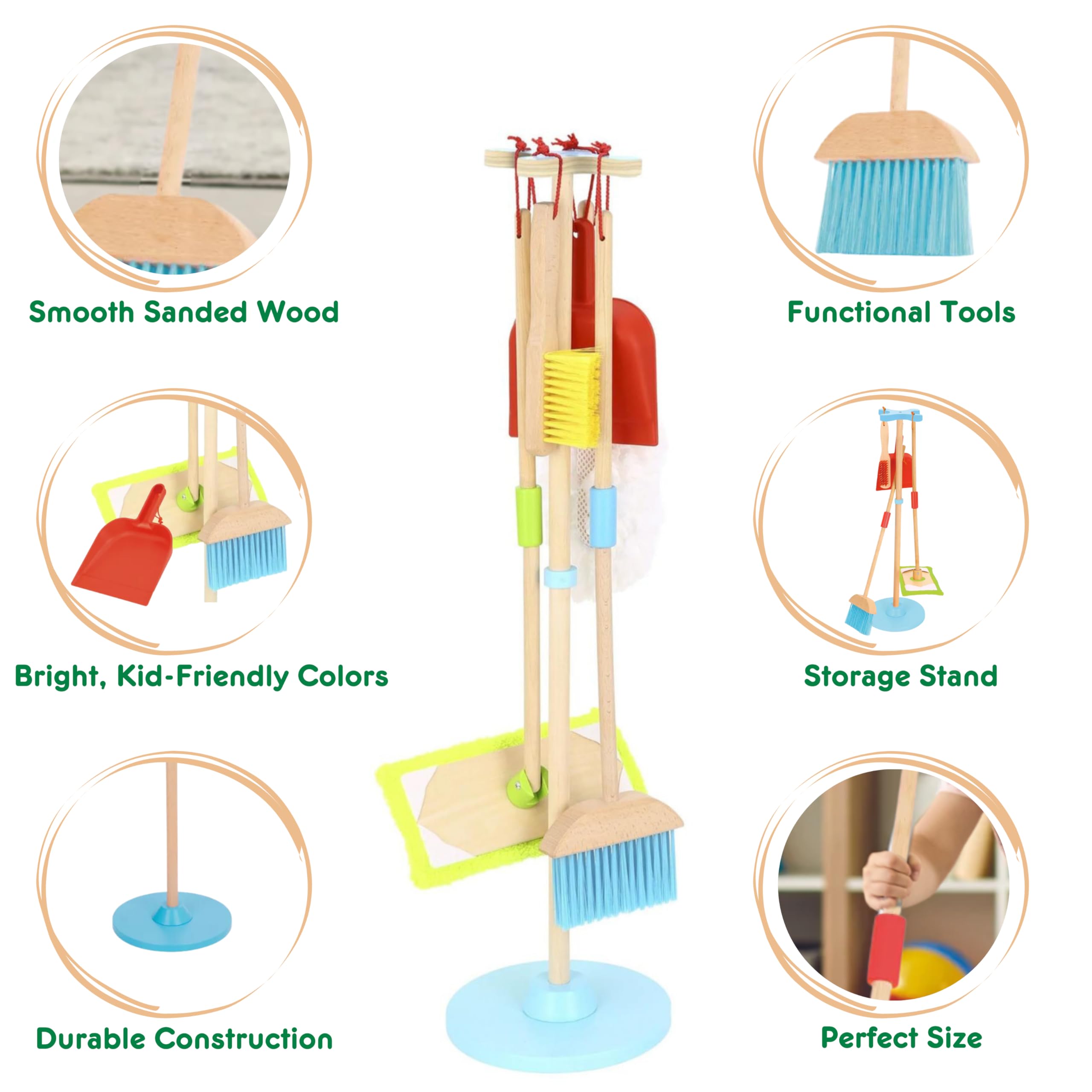 TOYSTER'S Kids Wooden Cleaning Set – Pretend Play Broom, Mop, Duster, Dustpan & Stand – Toy for Toddlers & Kids – Realistic Housekeeping Role-Play Set