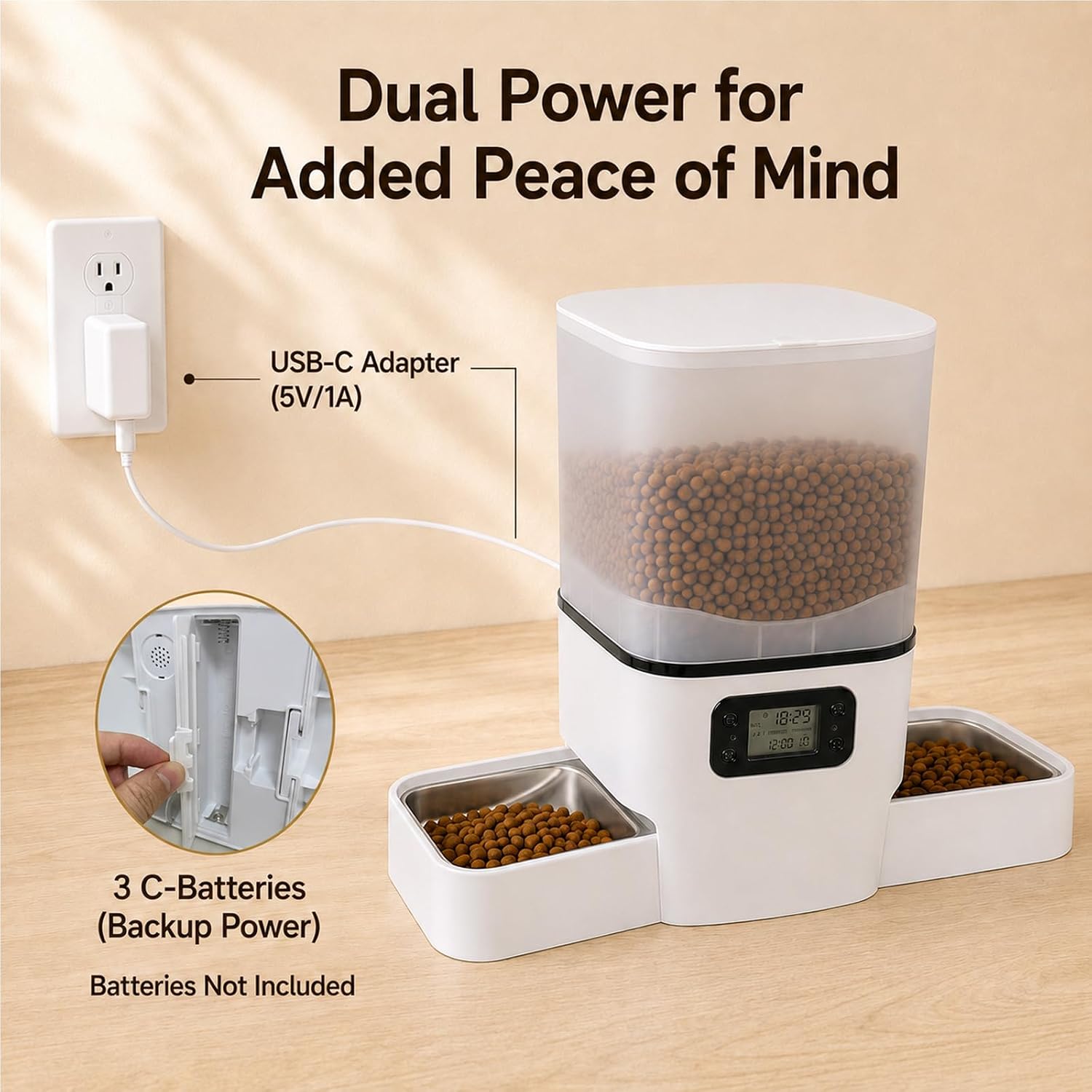 Automatic Cat Feeder for 2 Cats & Small Dog, 6L Large Capacity for Dry Food | Timed Cat Food Dispenser with 2 Stainless Steel Bowl, Dual Power Supply, Detachable & Dishwasher Safe, LED Display Screen