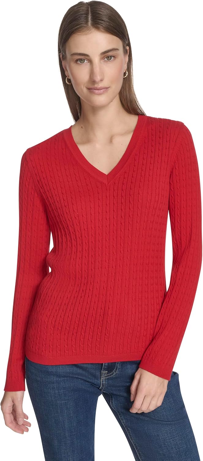 Nautica Women's Long Sleeve Cable V-Neck Sweater