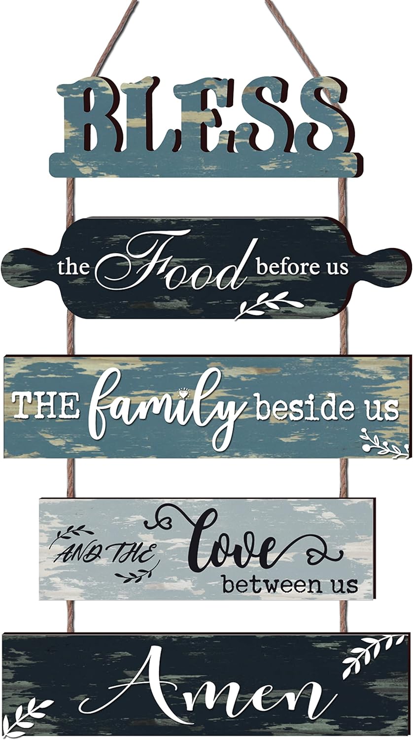 Buecasa Bless the Food Before Us Farmhouse Kitchen Wall Decor - Dining Room Decorations Collage Art in Teal Blue Color - Wooden Rustic 5pcs Roped Sign 13x24 Inches Vertical