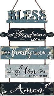 Buecasa Bless the Food Before Us Farmhouse Kitchen Wall Decor - Dining Room Decorations Collage Wall Art in Teal Blue Color - Wooden Rustic 5pcs Roped Wall Sign 13x24 Inches Vertical