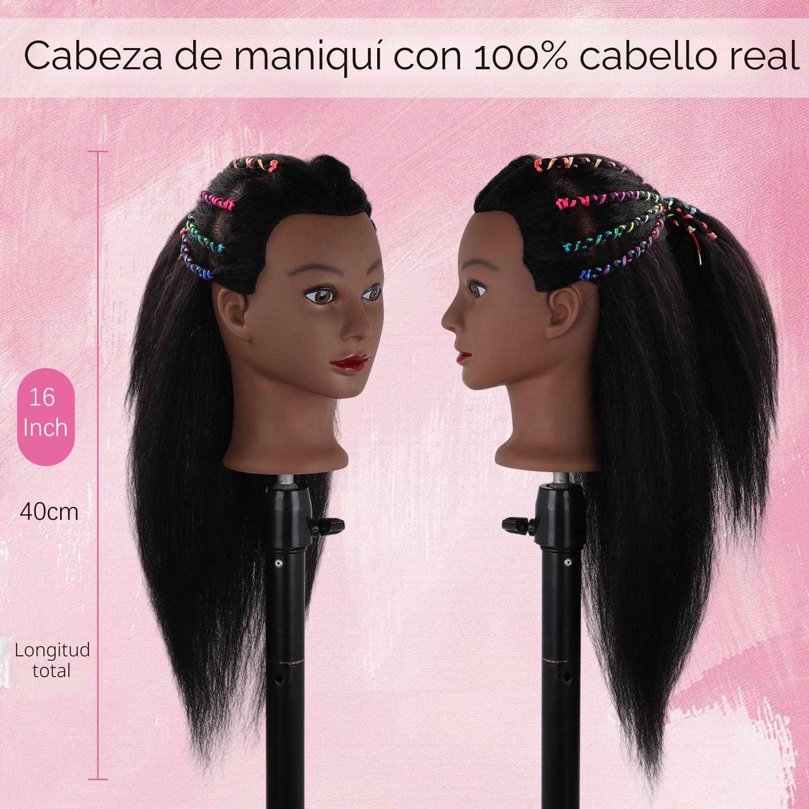 DiazySight - Cabeza de maniquí afro negra 100% cabello humano real, muñeca de cabeza recta de 18 pulgadas para que las niñas practiquen, cabeza de peinado y kit de práctica para entrenamiento de
