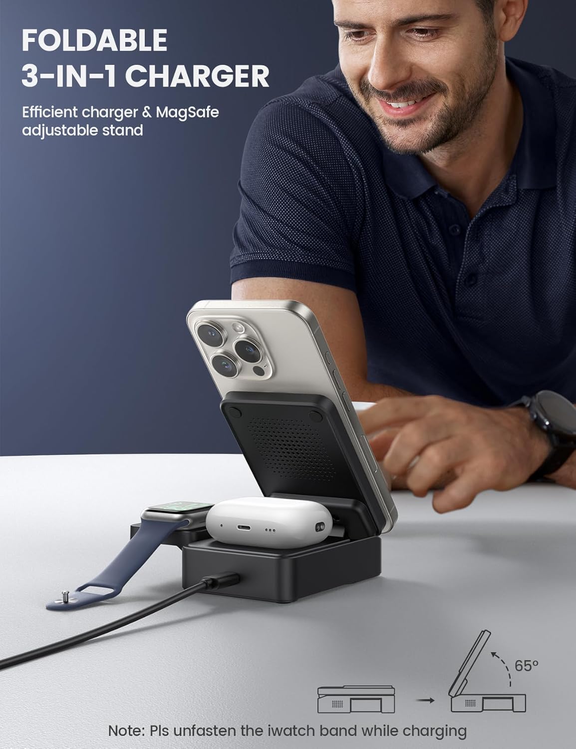 Lamicall 3-in-1 Charging Station for MagSafe - Foldable Wireless Charger for iPhone 16, Travel Charger for Apple Multiple Devices, Wireless Charging Station for iPhone 15, 14, 13, Apple Watch, AirPods