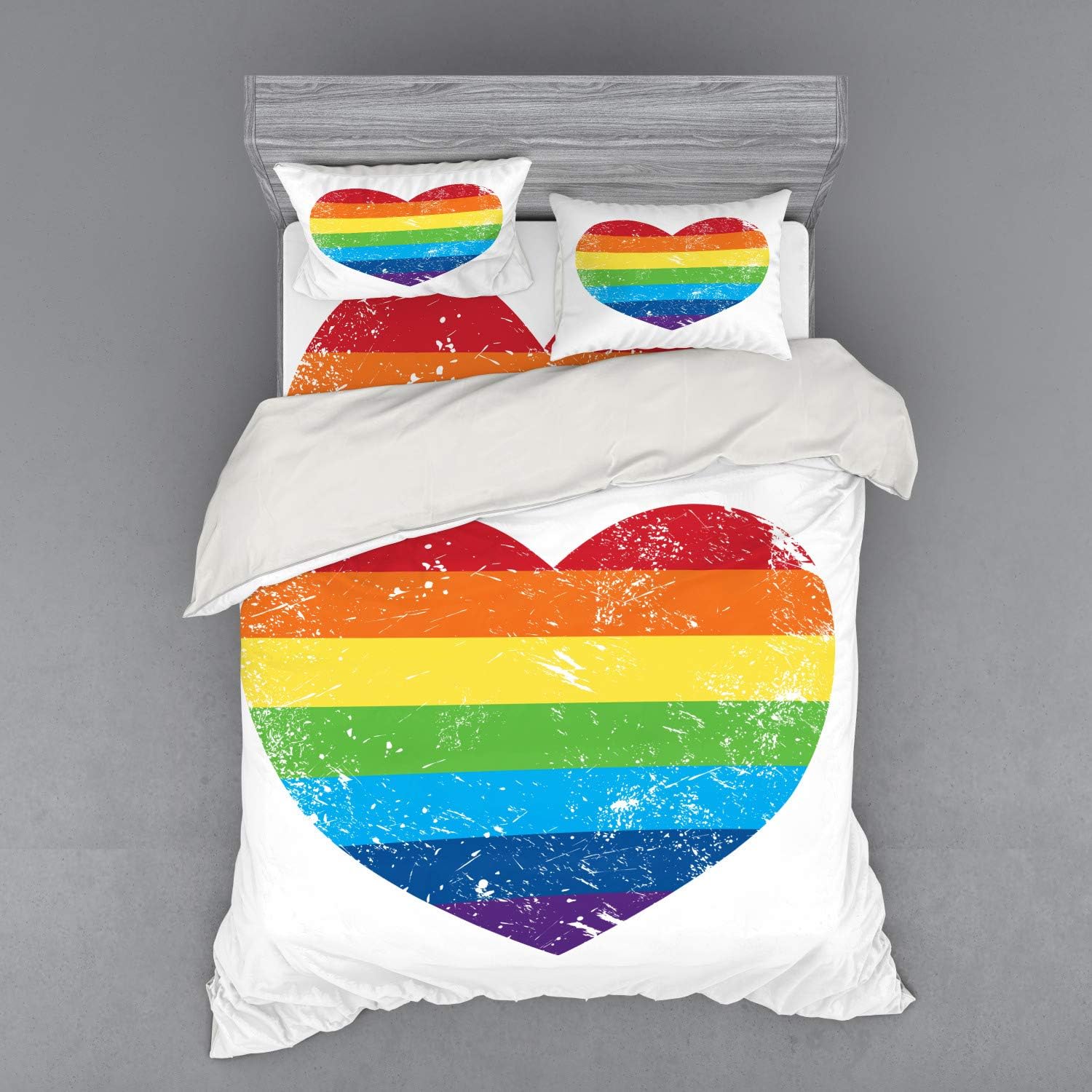 Ambesonne Vintage Rainbow Bedding Set, Heart Shape with LGBT Flag Design Gay Pride Themed Image with Retro Effect, 4 Piece Duvet Cover Set with Shams and Fitted Sheet, Queen Size, Multicolor