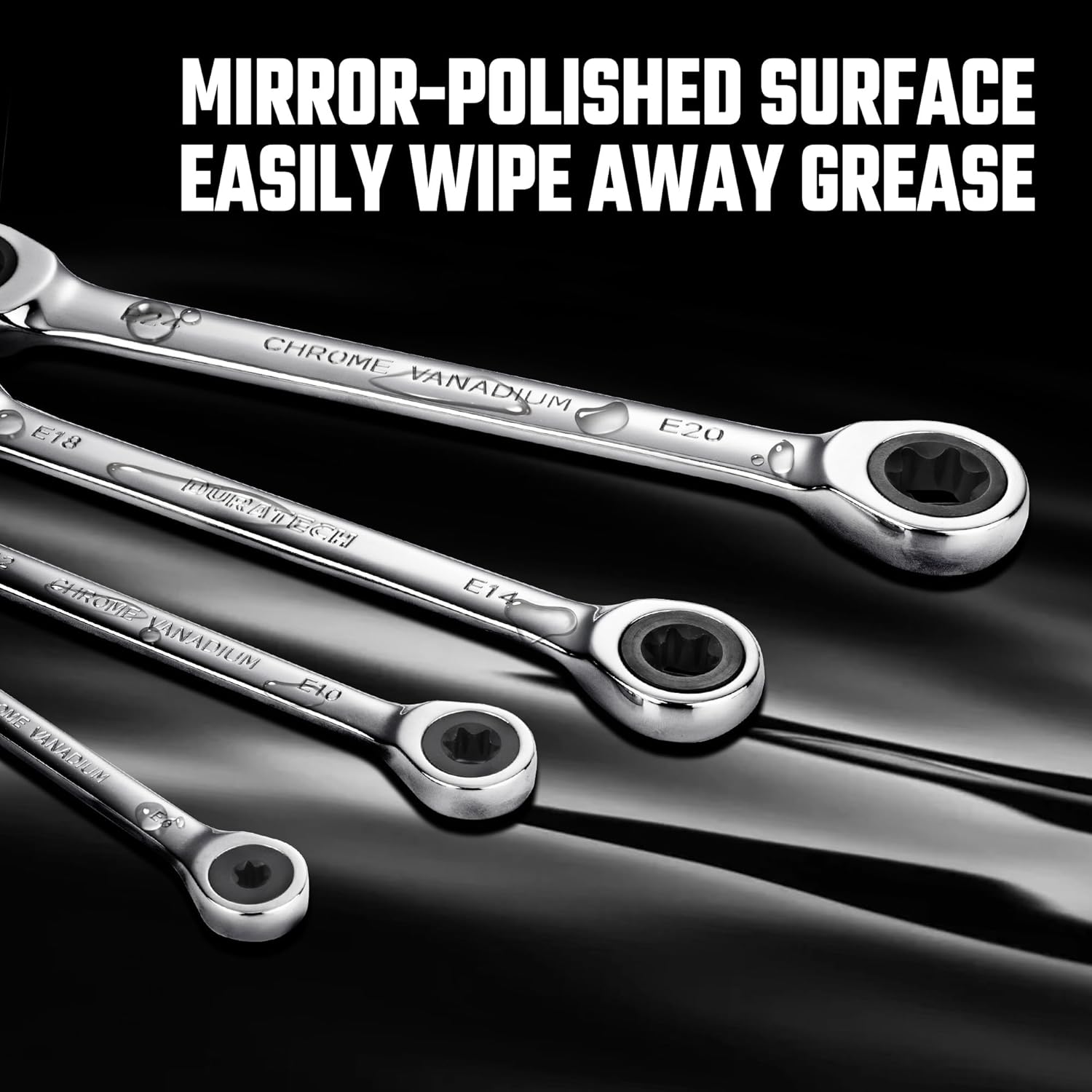 DURATECH 4-Piece E-Torx Wrench Set, Double Box End Ratcheting Wrench Set, Including E6 * E8, E10 * E12, E14 * E18 and E20 * E24, 72-Teeth, CR-V Steel, Mirror-Polished with Rolling Pouch