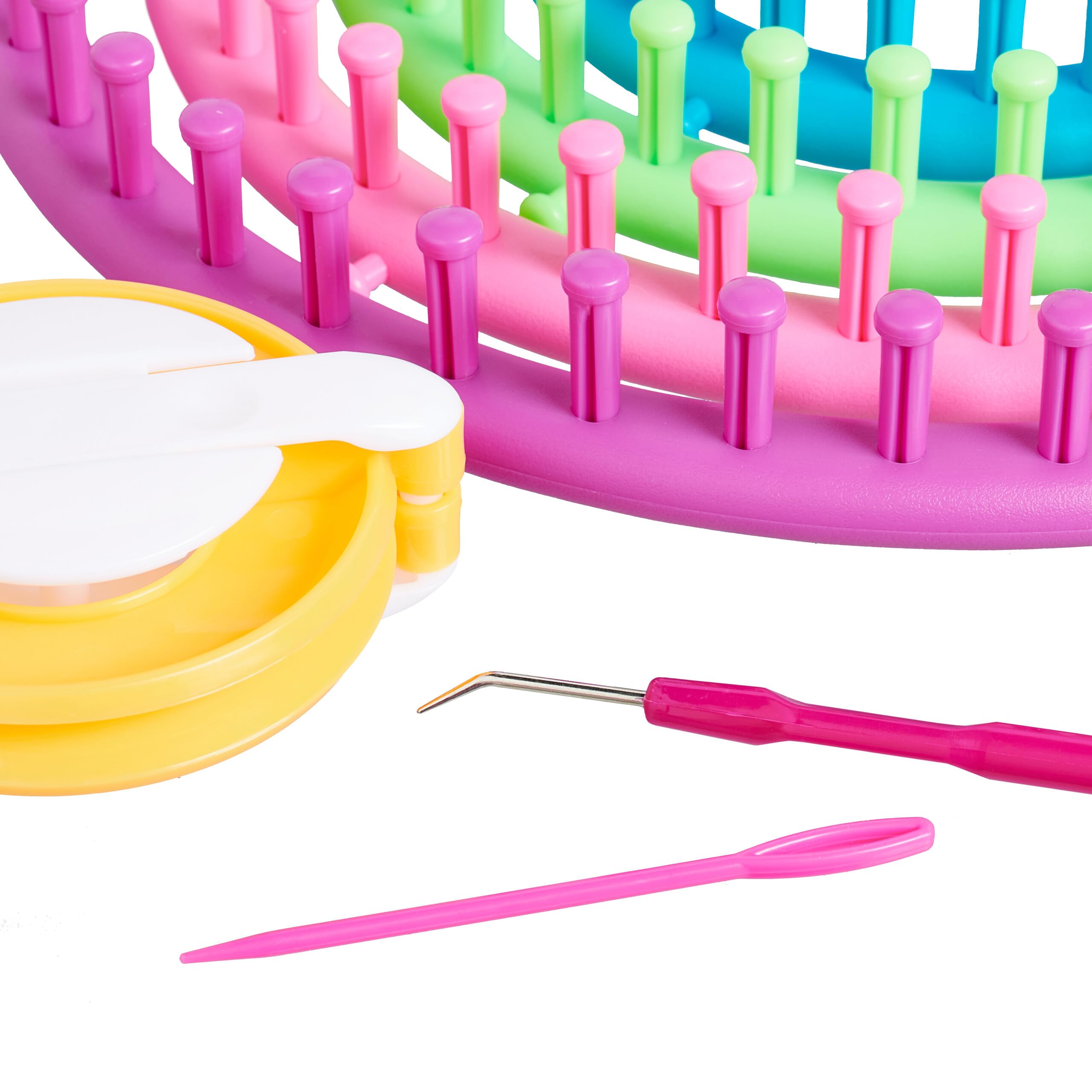 Relaxdays Set Accessori per Lavorare a Maglia, Set 4 Telai Circolari, Ø 28cm, 24cm, 19cm, 14cm, Pom Pom Maker, Colorato