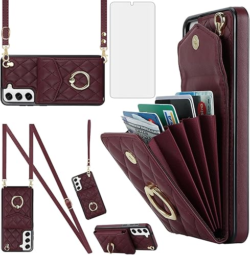 Asuwish Funda de teléfono para Samsung Galaxy S22 Plus S22+ 5G Funda tipo cartera con protector de pantalla de vidrio templado y anillo cruzado con