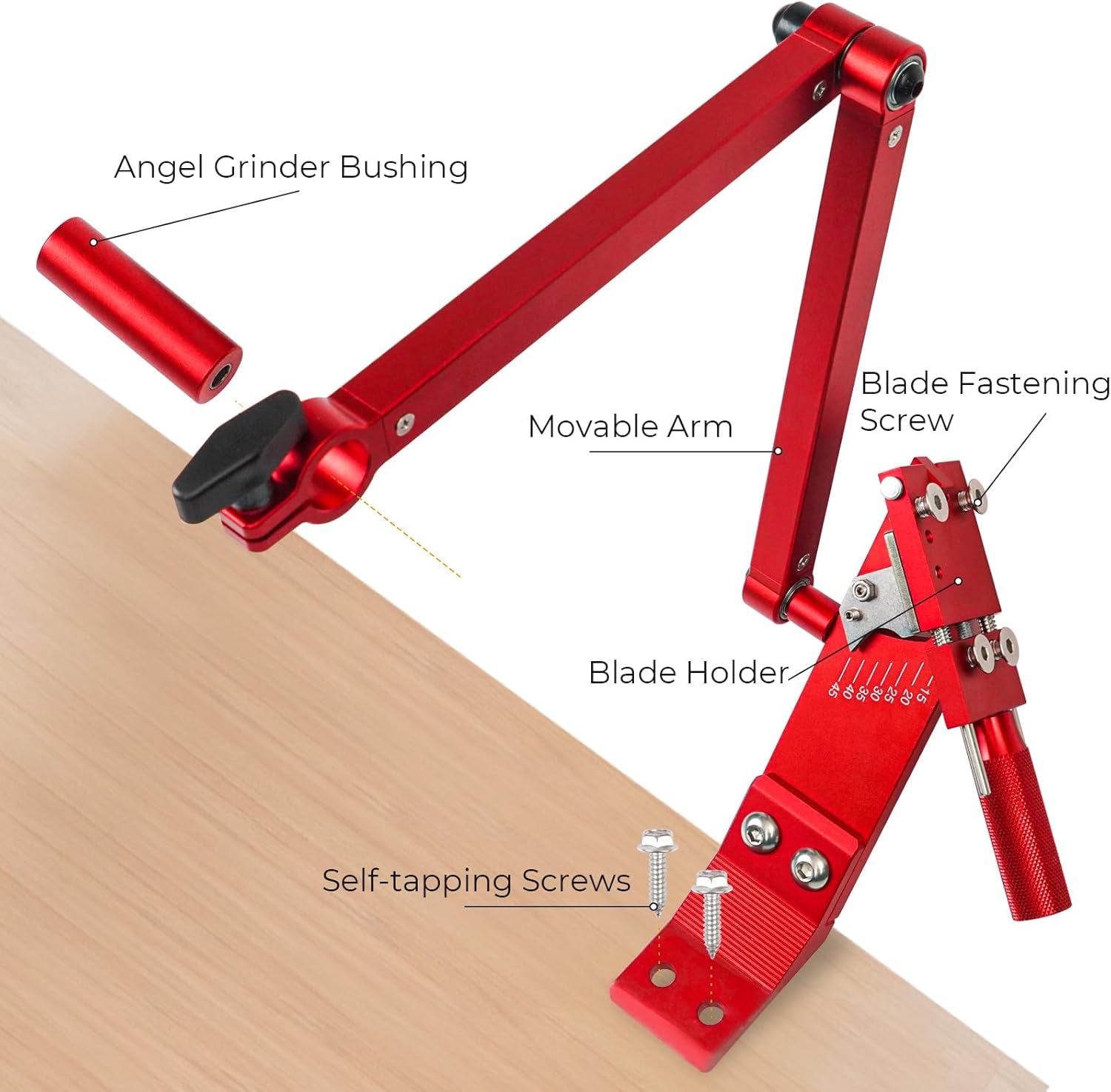 Updated Adjustable 15°- 45°Lawn Mower Blade Sharpener with Ball Bearing Manufacture Handle for Right & Left Hand Blades - Sharpening Balancer Bracket Tool Kit for Lawnmower Blades Red