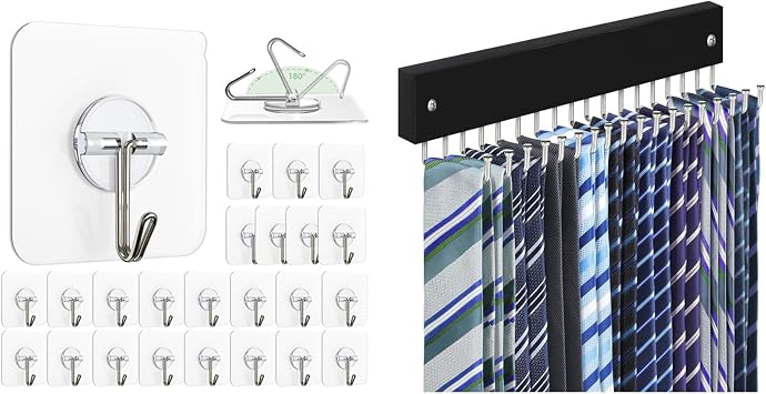 Adhesive Wall Hooks for Hanging Clear Removable Window Hooks 24 Pack, Tie Rack Belt Hanger Wall Mounted Non Slip 180 Degree Rotating Belt Organizer for Closet Black 1 Pack