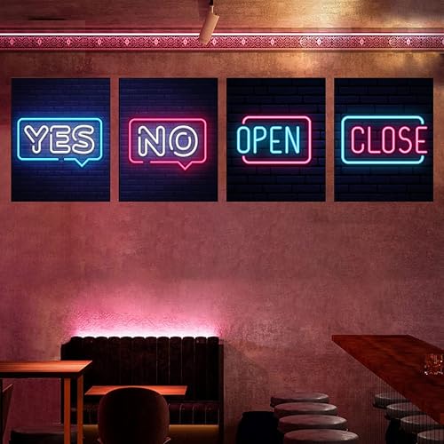 Miniatura 5 de Impresiones artísticas modernas para pared, juego de 4 piezas para decoración de pared de habitación, estilo retro neón, sí no abrir cerrar, póster