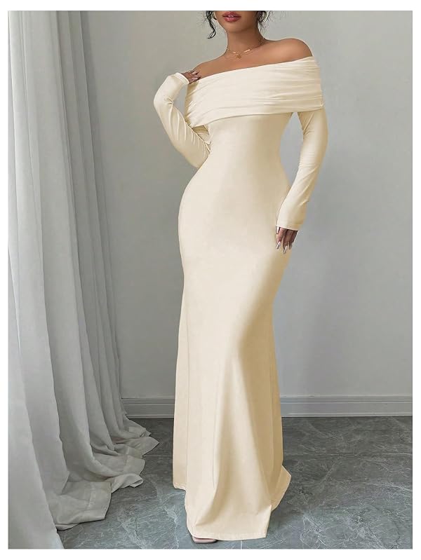 SOLY HUX Women's Long Sleeve Off The Shoulder Bodycon Dress Elegant Maxi Dress Cocktail Prom Dresses Plain Khaki Large by SOLY HUX - Image 2
