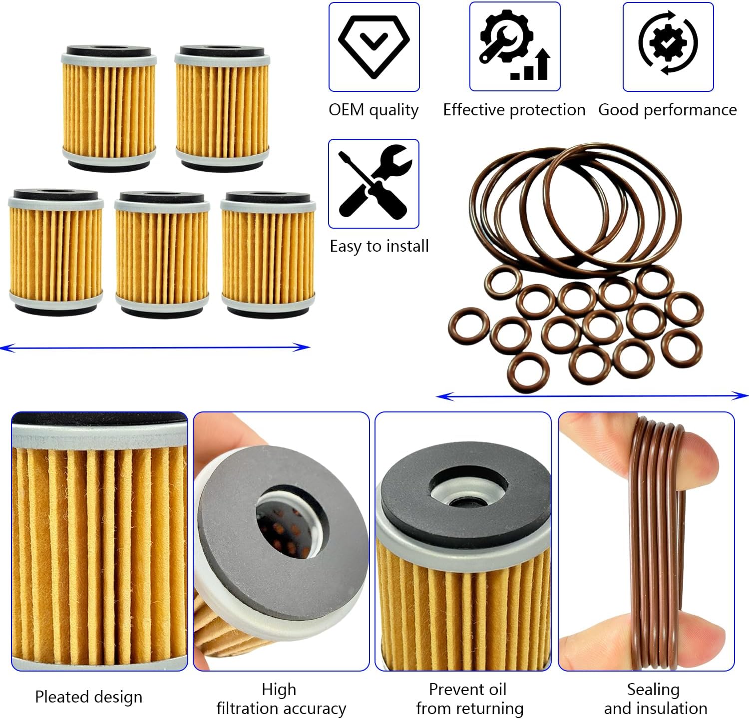 5 Pack Oil Filter with O-Ring 5D3-13440-09-00 for Yamaha YFZ450 YZ250F YZ426F WR250F WR450F WR426F 5D3-13440-02-00 93210-47675-00 Oil Filter