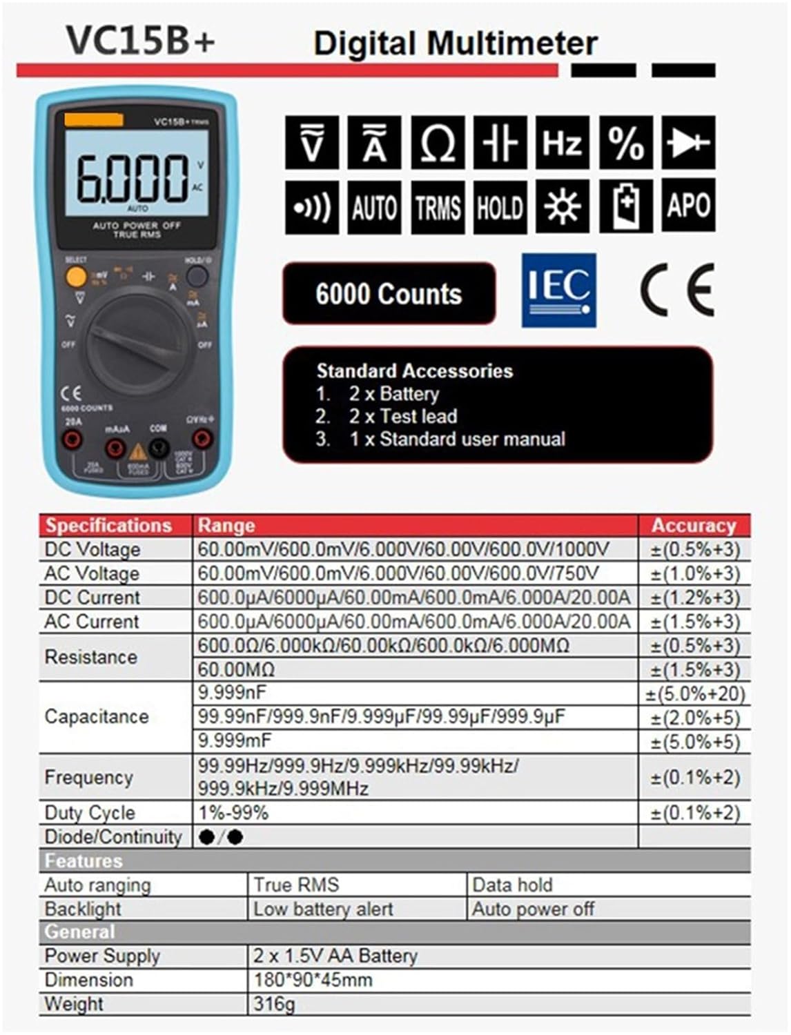 VC15B+ Digital Multimeter 6000 Counts Autoranging Screen AC/DC Ammeter Voltmeter Ohm Portable Meter Measurement Tool(VC15B)