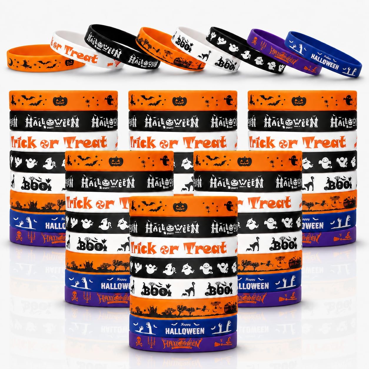 48pcs Halloween Silicone Wristband, 8 Assorted Designs Rubber Bracelets, Trick or Treat Goodie Bag Fillers, Halloween Party Favors Decorations Gifts for Kids & Adults