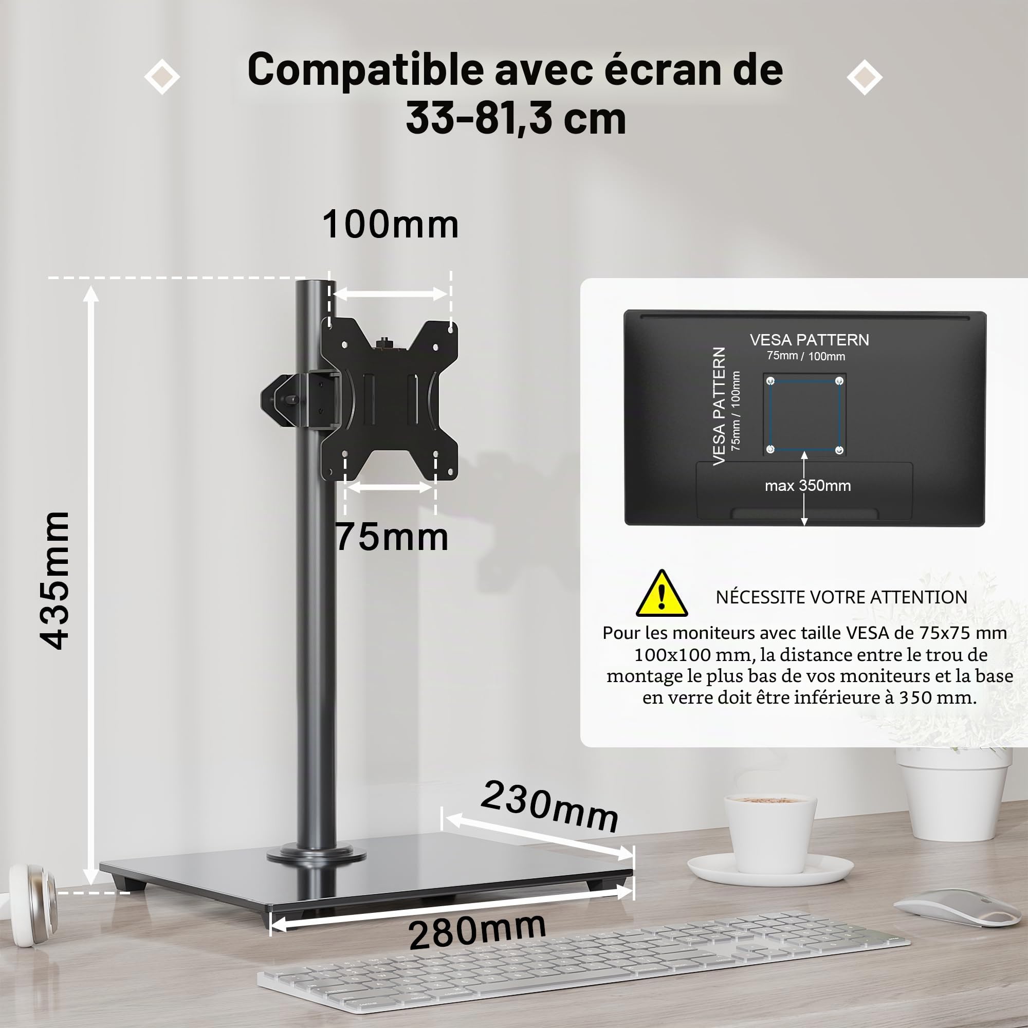 BONTEC Support Écran 13-32 Pouces, Bras Réglable Moniteur Plat/Incurvé, Socle Verre Trempé, Inclinaison ±75°, Pivotement ±80°, Rotation 360°, Max 10kg, VESA 75/100mm