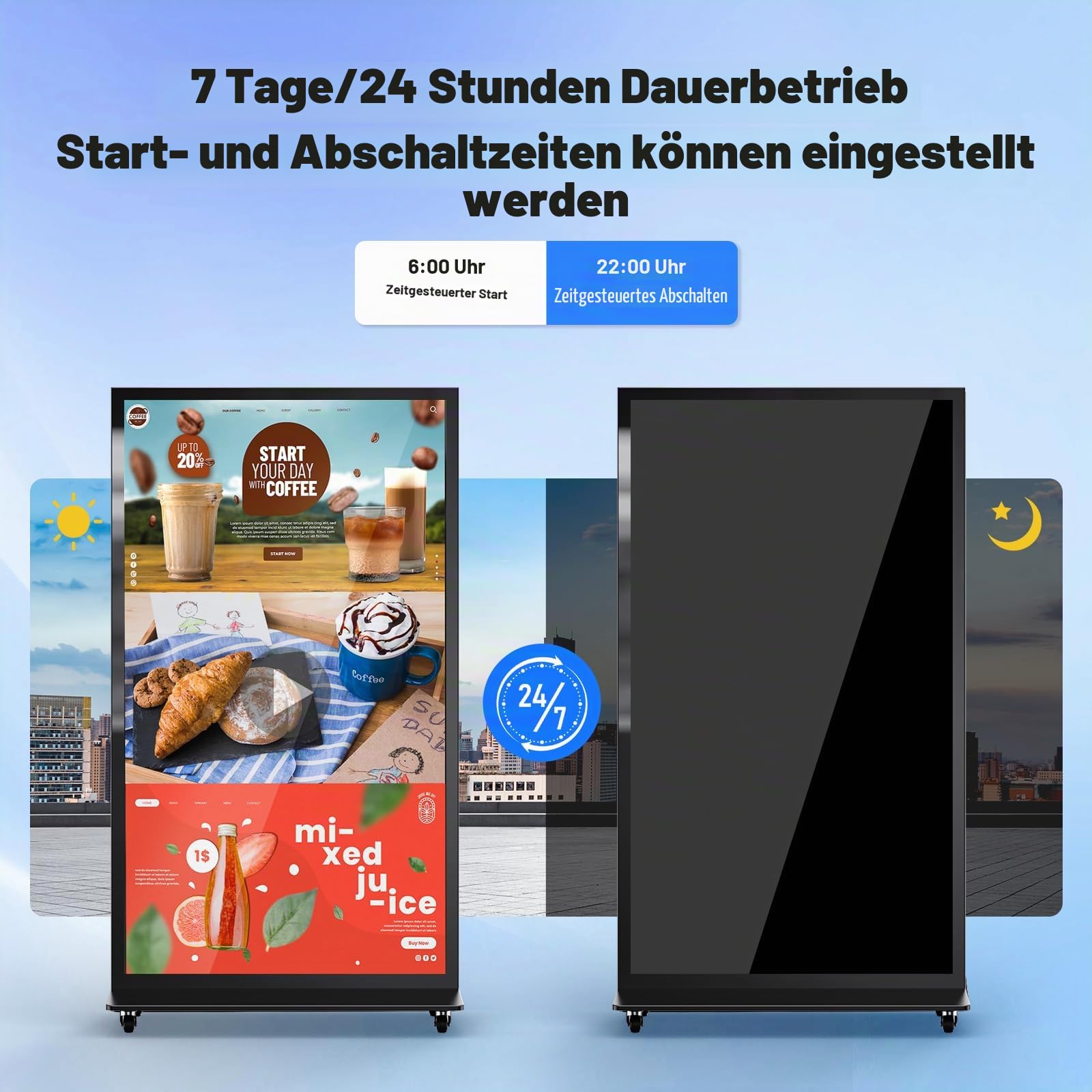 75 Zoll 4K UHD Digital Signage, Full Screen LCD Digitaler Kundenstopper, Innenbereich Digitales Werbedisplay mit Rädern, Android 11, mit WiFi/HDMI/USB für Restaurant Einkaufszentrum