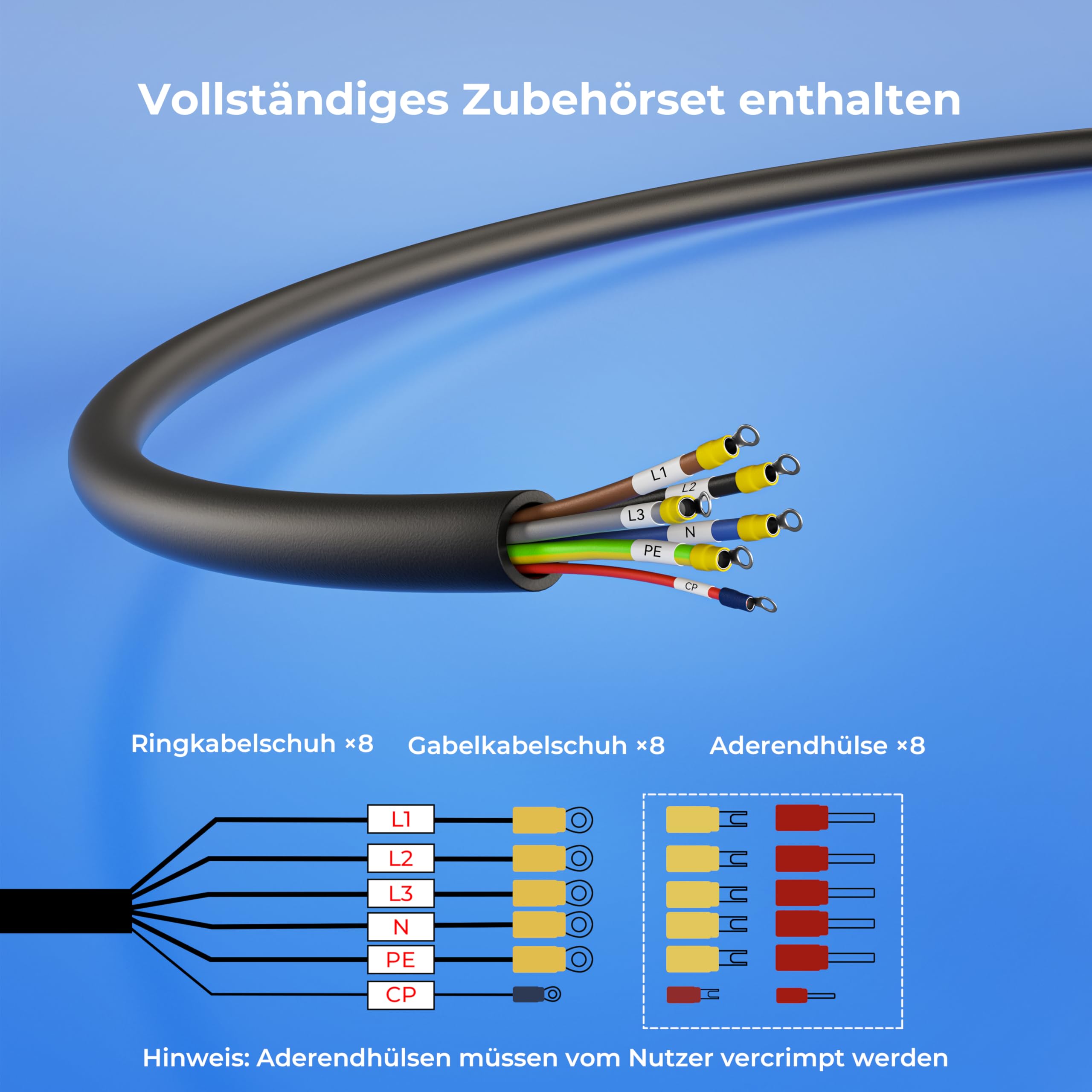 Typ 2 Ladekabel offenes Ende 11kW - Ersatzkabel 3-phasig 16A 10m für Wallbox und Ladestation