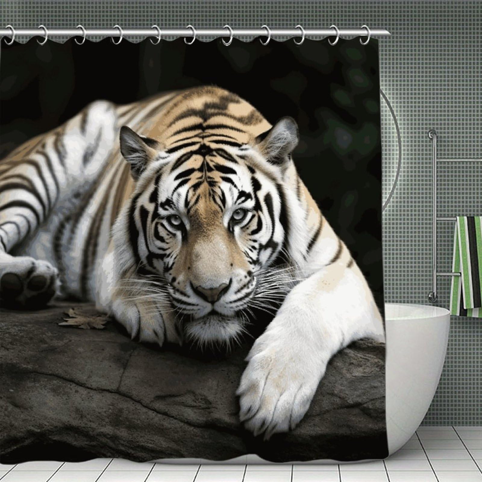 JTREHY Tiger Lie On Rock Shower Curtain Waterproof Bathroom Shower Curtain Machine Washable Bath Curtains Polyester Cloth Bath Curtains for Bathroom Showers 70.8×70.8Inch