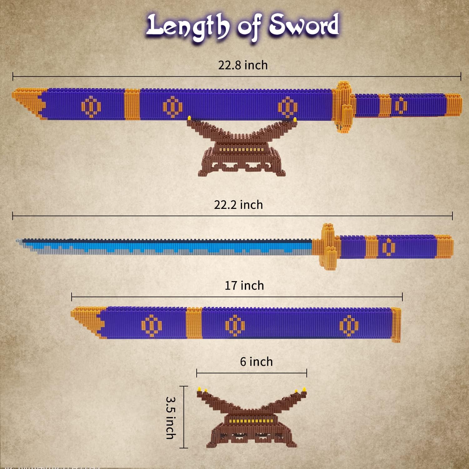 Anime Swords Building Blocks Set, 22.8in Piece One Cosplay Pirate Samurai Zoro Yamato Sword Building Kit with Scabbard & Stand Compatible with Lego, Top Japanese Famous Katana Sword Toy
