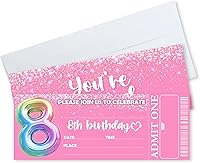 Vista 6 de Invitaciones de cumpleaños de 3 x 8 pulgadas – 20 tarjetas de invitación con purpurina rosa con 20 sobres – Boletos VIP estilo relleno de doble cara