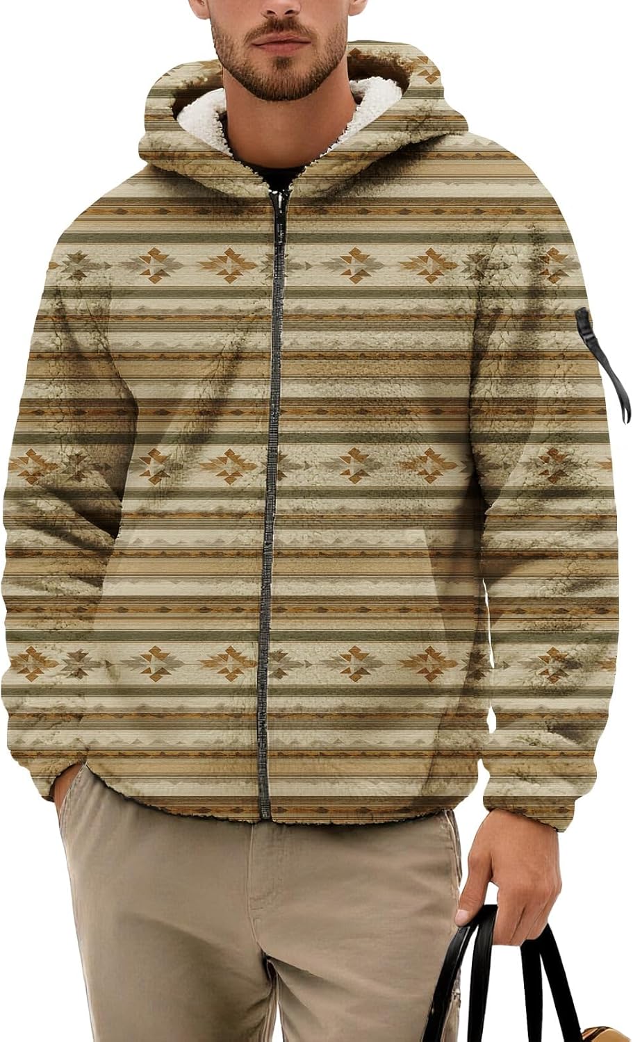 Mens Fleece Jacket Western Ethnic Print Zip Up Long Sleeve Sherpa Athletic Hoodie Winter Vintage Coat with Pockets