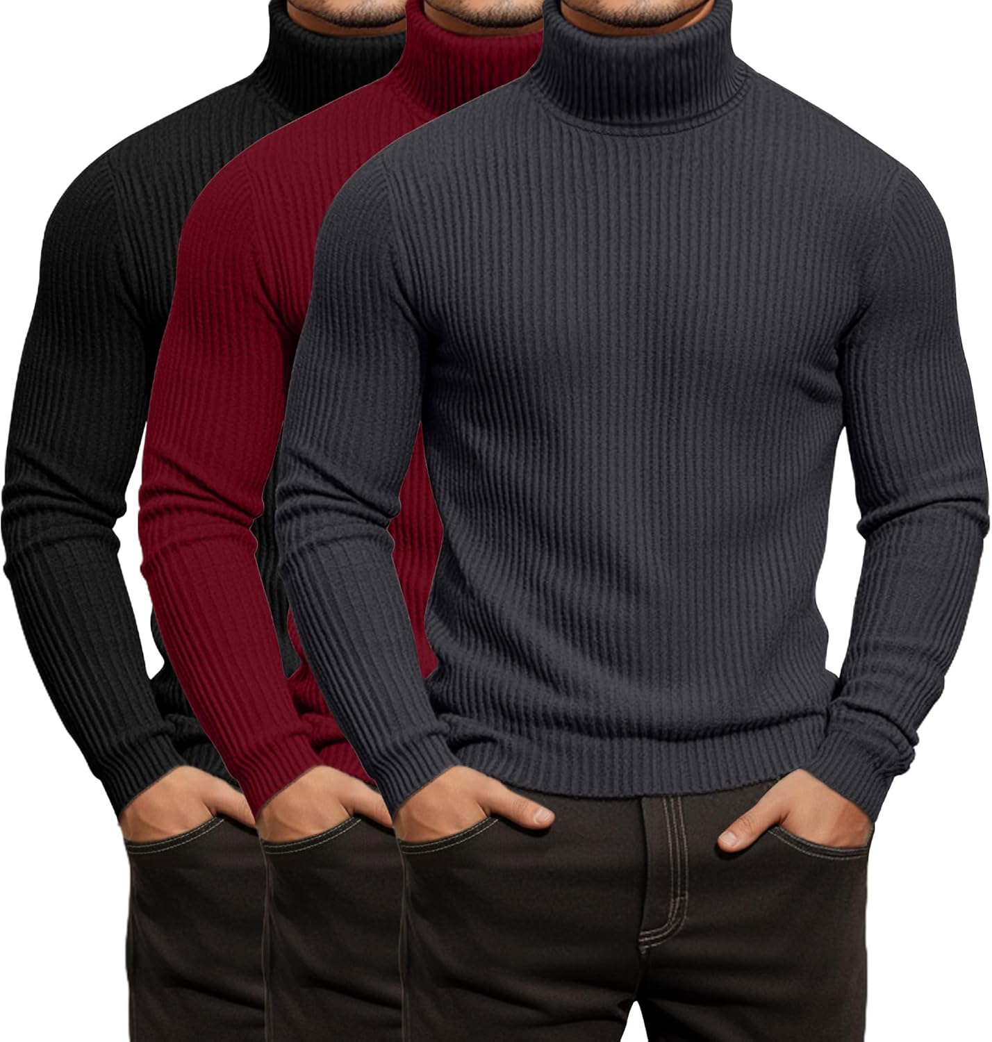 3 Pack Men's Ribbed Turtleneck Shirts, Long Sleeve Mock Neck Lightweight Pullover Sweaters Knit Base Layer Tee Tops