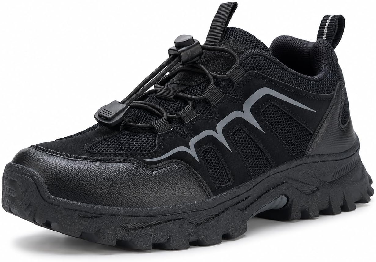 Men’s Hiking Shoes, Lightweight Outdoor Trail Walking Shoes with Quick Lace, Breathable Low Top Trekking Sneakers, Water-Resistant Outdoor Shoes for Travel, Camping, Yard Work and Daily Use