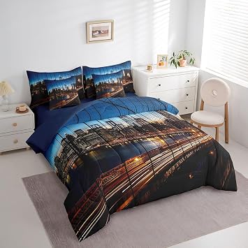 Erosebridal New York Bed in a Bag King Size Comforter Set 7 Pieces,Manhattan Brooklyn Bridge Bedding Sets Sunset Cityscape Sheet Set with Comforter,City Landscape Bed Set