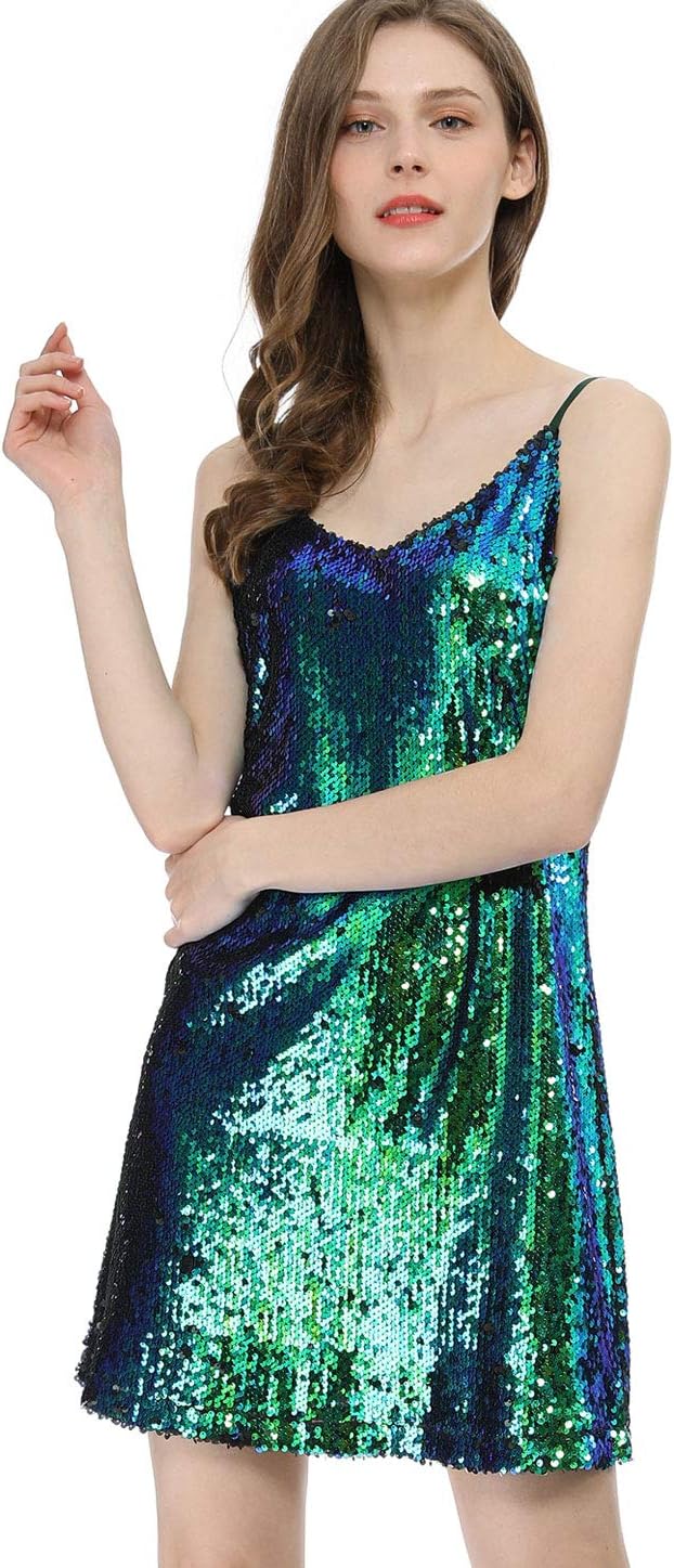 Allegra K Women's Glitter Sequin Dress Spaghetti Strap V Neck Party Cocktail Sparkly Mini Dress Clubwear - Image 3