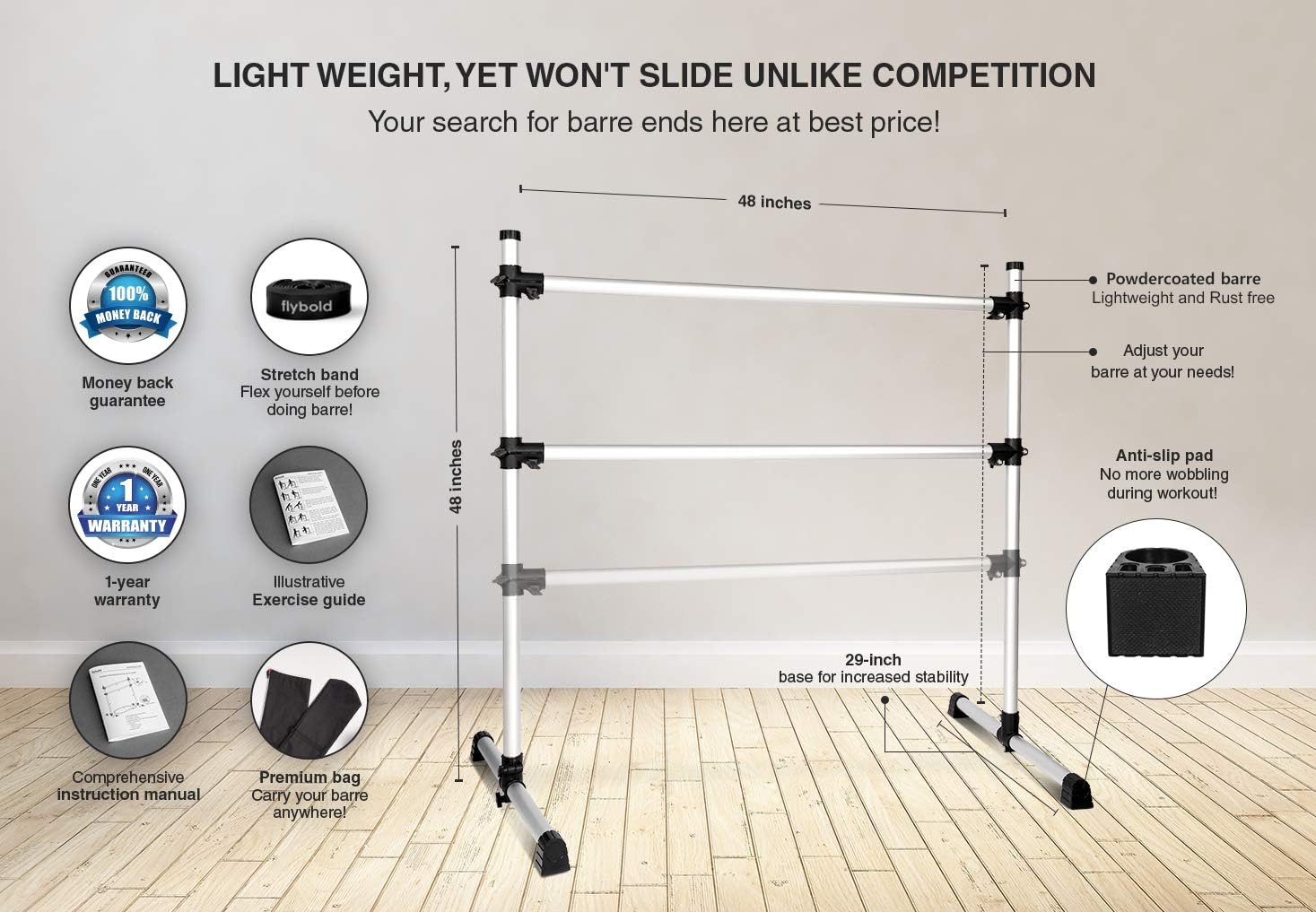 Ballet Barre Portable for Home Kids Ballet bar Unique Anti Slip Feature Includes Stretch Band and Carry Bag Barre Equipment for Home Workout for Kids 4 ft Long : Sports & Outdoors