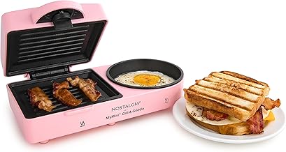 Nostalgia MyMini Electric Indoor Grill and Griddle Combo, Hamburgers, Bacon, Sandwiches, Grilled Fruit, Eggs, Vegetables, ...