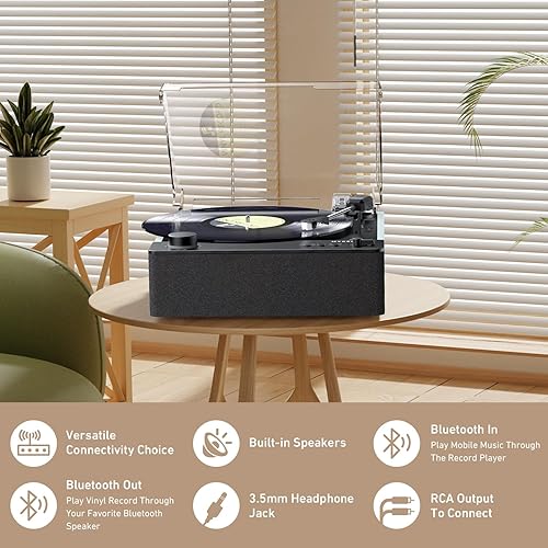 Miniatura 4 de Tocadiscos totalmente automático Bluetooth, MYKESONIC - Tocadiscos de vinilo con transmisión por correa, cartucho magnético AT-3600L, entrada y