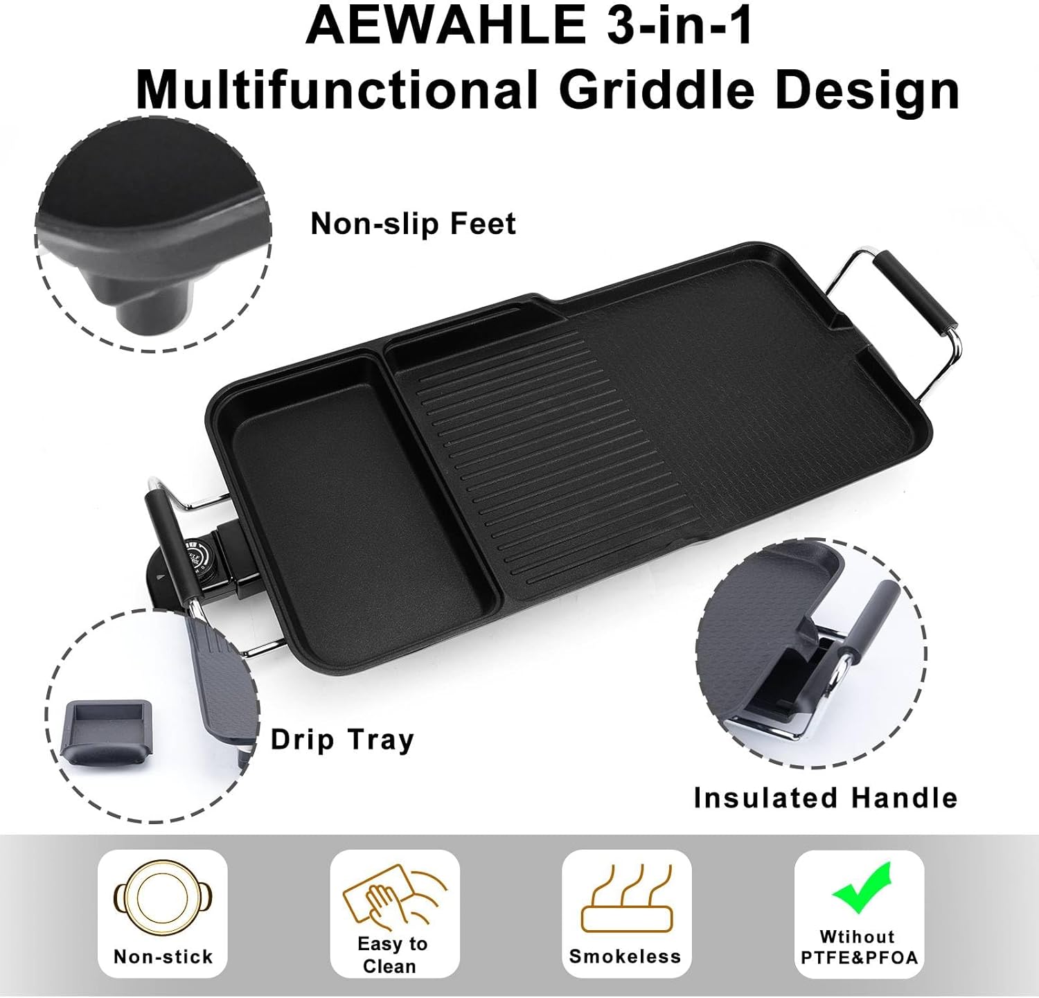 AEWHALE 3-in-1 Electric Nonstick Griddle Grill 1800W,Teppanyaki Grill with Removable Temperature Control & Drip Tray for Pancakes Burgers Eggs,22"x 10.5"