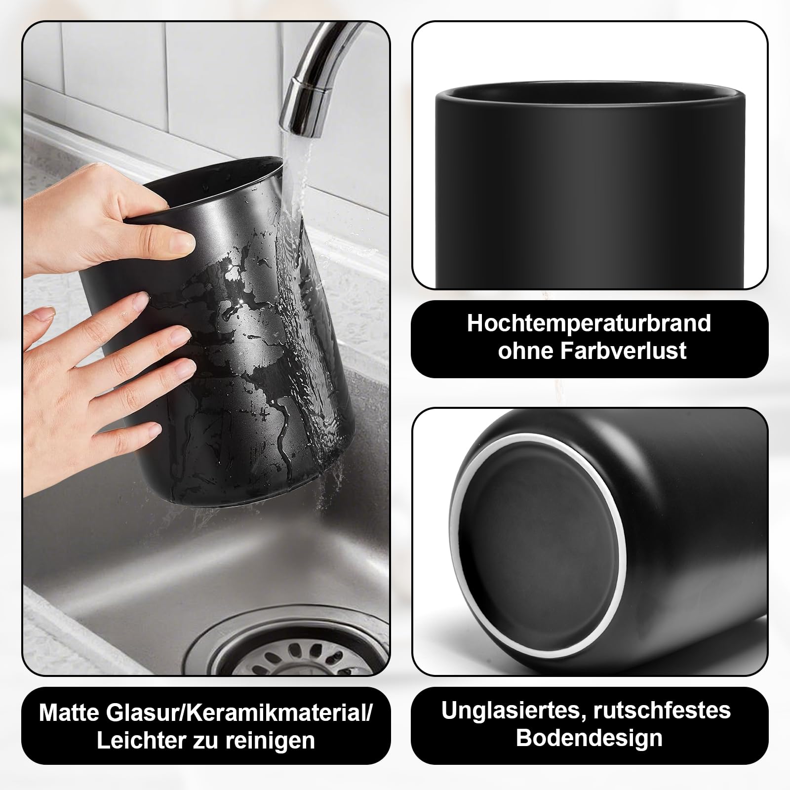 Küchenutensilienhalter, Utensilienhalter Aus Keramik für Die Küchentheke, Aufbewahrung von Küchenutensilien, 2 Stück Kochutensilien-Töpfe für Spatel, Löffel, Gabeln, Pflanzen(Schwarz)