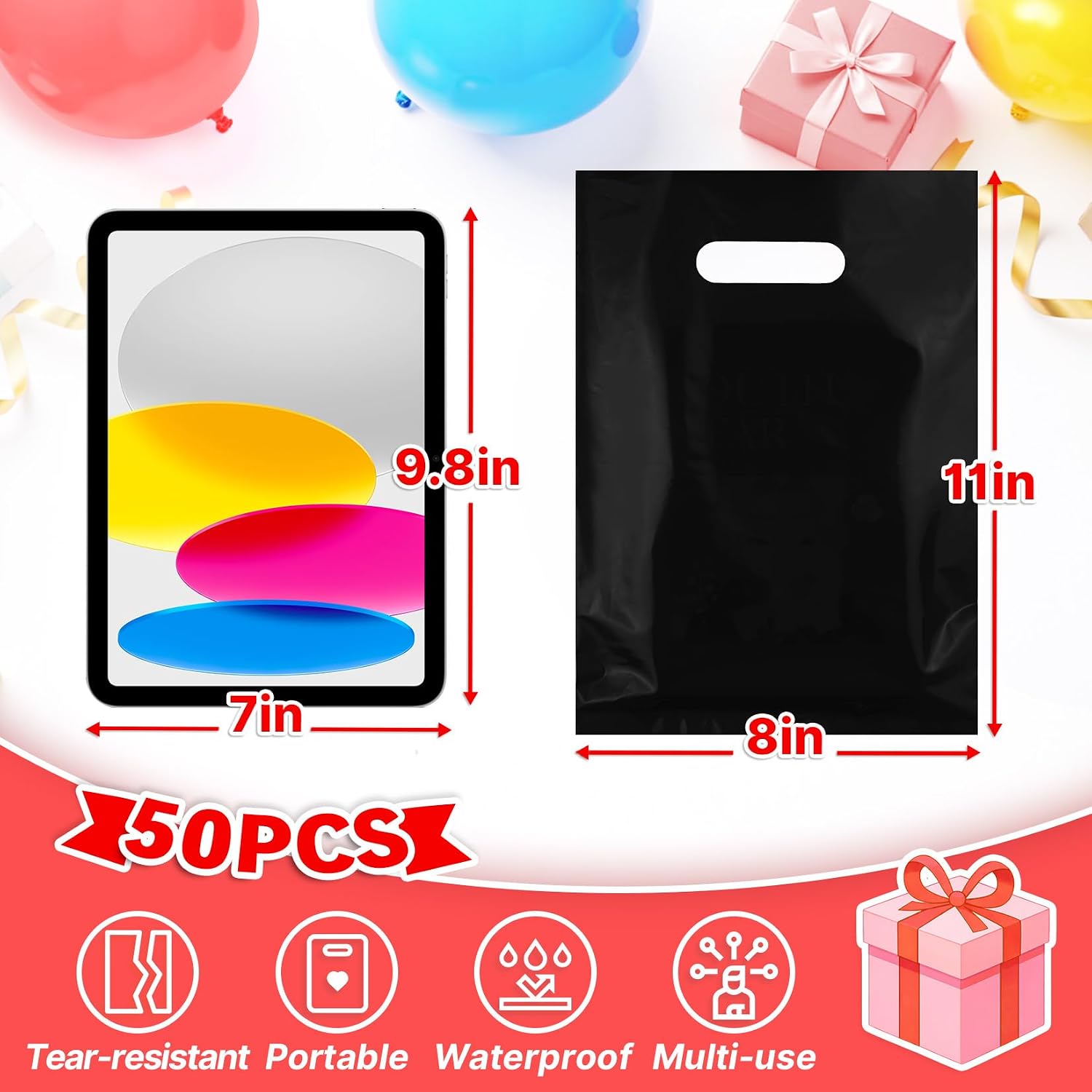 ANZNKU 50PCS Black Party Favor Gift Bags 8"x11", Plastic Goodie Bag Bulk image 2