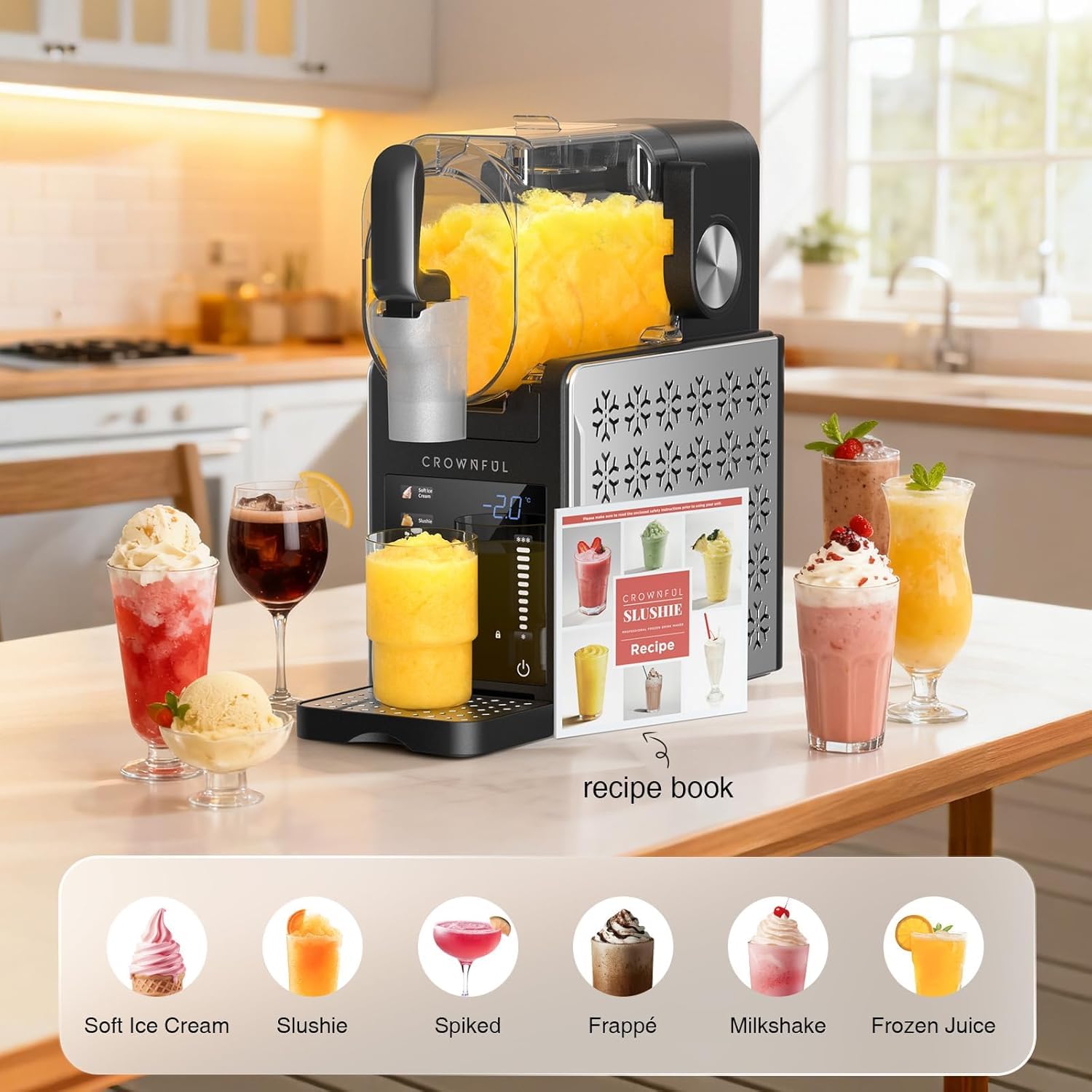 CROWNFUL Macchina per Granite, 1.9L - 6 Programmi per Gelato, Frullati, Cocktail Ghiacciati, Frappè e Frullati - Autopulizia, Funzione Mantieni Freddo 12h
