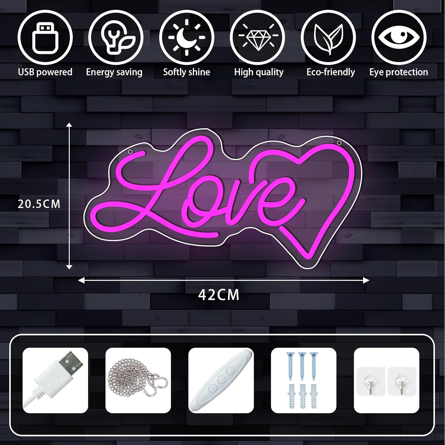 ENUOLI LOVE Neon Sign, Luminous Love Neon Signs for Room Wall, USB Powered Love Sign, Dimmable Pink Heart Neon Signs for Bedroom, Home, Wedding Wall, Pink Valentine's Day Neon Wall Signs