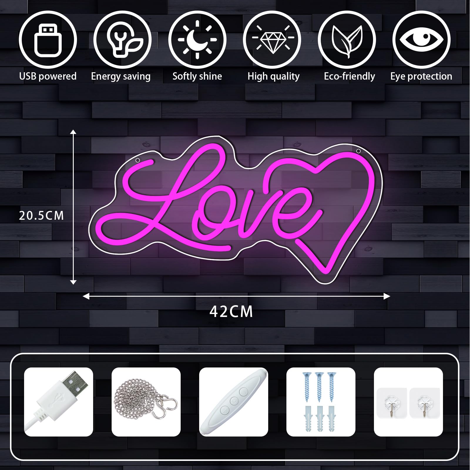 ENUOLI Insegna al neon Love, Illuminazione al neon per parete, Alimentazione USB, Cartello d'amore dimmerabile, Cuore Rosa, Decorazione per camera da letto, Casa, Matrimonio, Parete