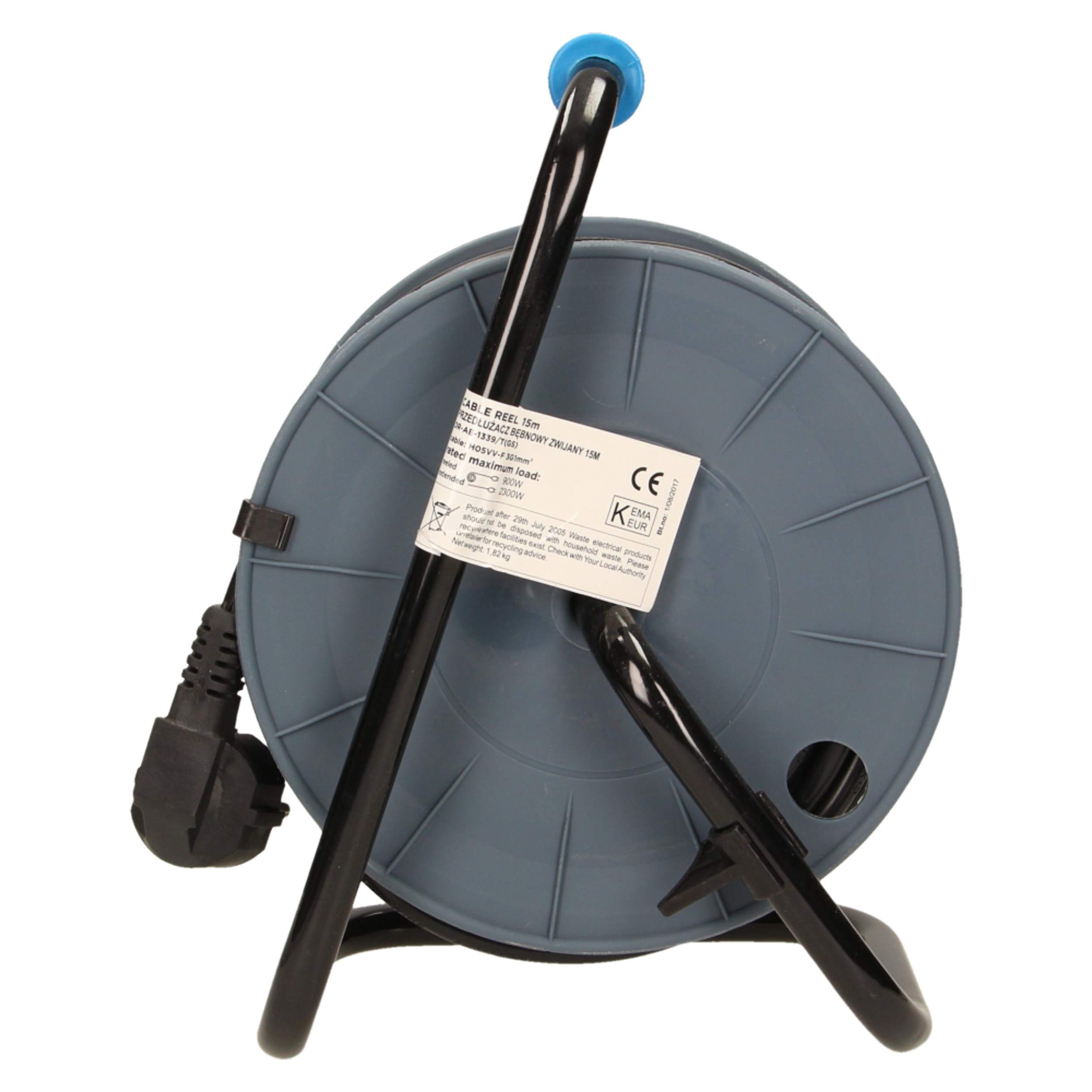Orno AE-1339 mini bęben kablowy, 15 m, z 4 gniazdami, metalowy stojak i zabezpieczenie termiczne, 2300 W/10 A, 230 V~, 50 Hz || 18 x 24,5 x 14 cm (niebieski)