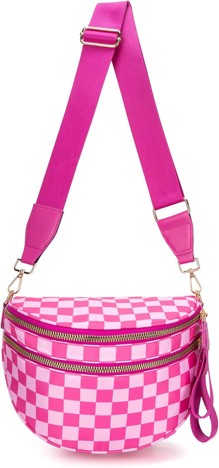 Fall Bum Bag Crossbody, 2025 Trendy Checkered/Solid Nylon Waterproof Adjust Wide Straps Large Mom Diaper Bag